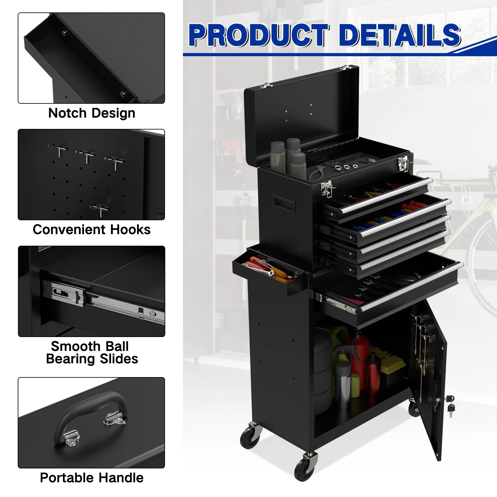 5 Drawer Tools Chest, with Universal Lockable Wheels，