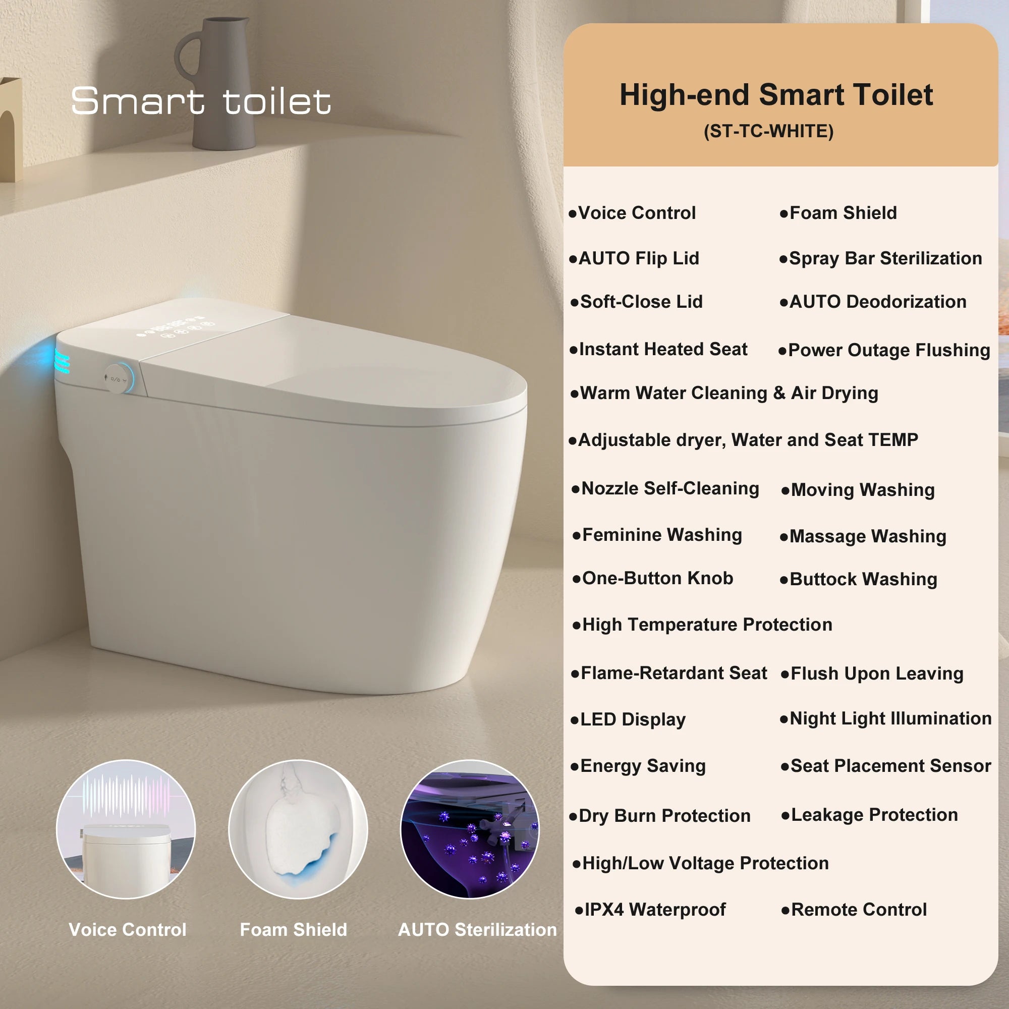 Smart Toilet with Built-in Bidet, AUTO Open/Close,