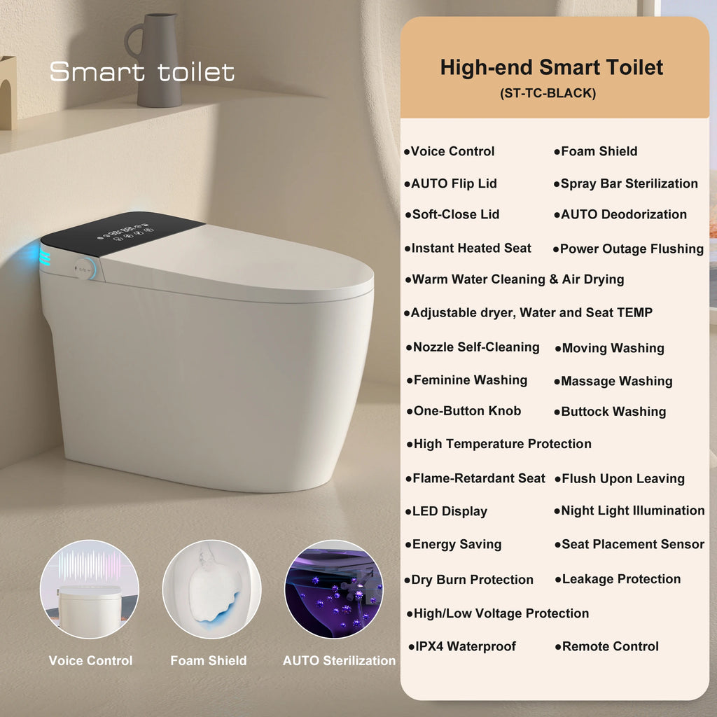 Smart Toilet with Built-in Bidet, AUTO Open/Close,