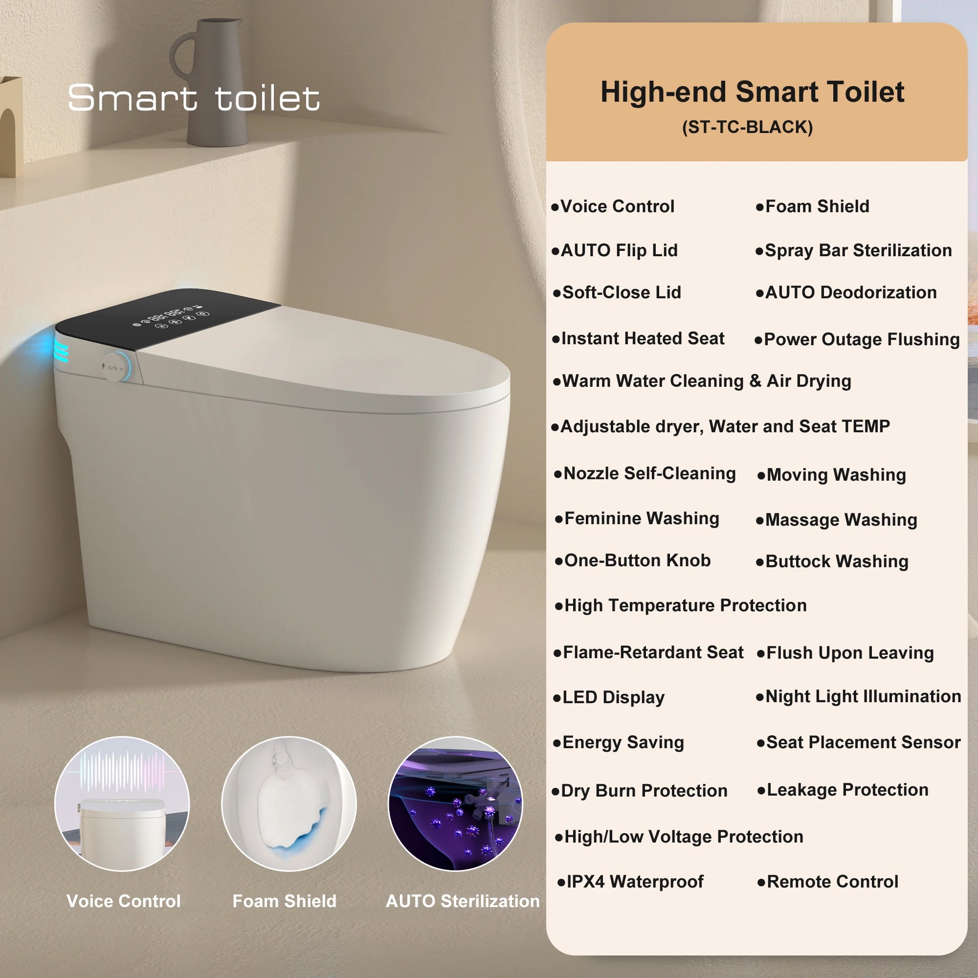 Smart Toilet with Built-in Bidet, AUTO Open/Close,