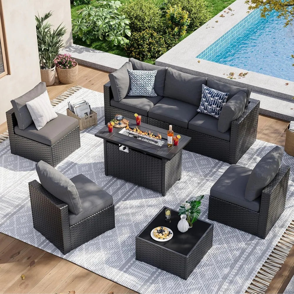 8 Piece Patio Furniture Set with 44” Fire Pit Table