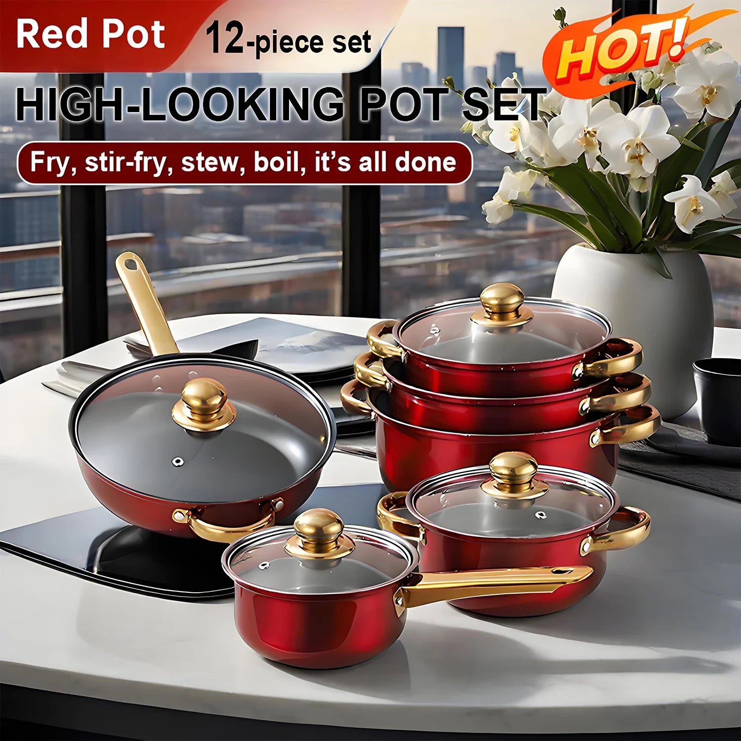 Red Cookware Set, 12-Piece ,Stainless Steel, Non-Stick,