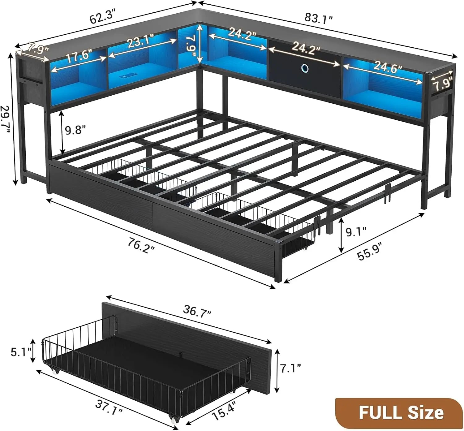 Corner Bed Frame with Storage Drawers with Charging Station