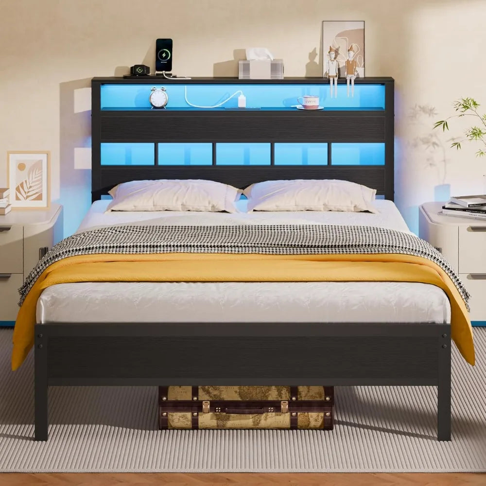 Bed Frame with LED Light and Charging Station