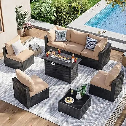 8 Piece Patio Furniture Set with 44” Fire Pit Table