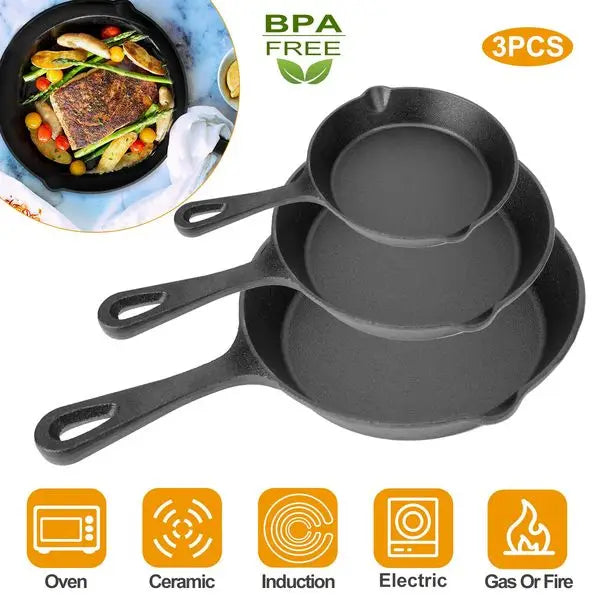3Pcs Pre-Seasoned Cast Iron Skillet Set 6/8/10in