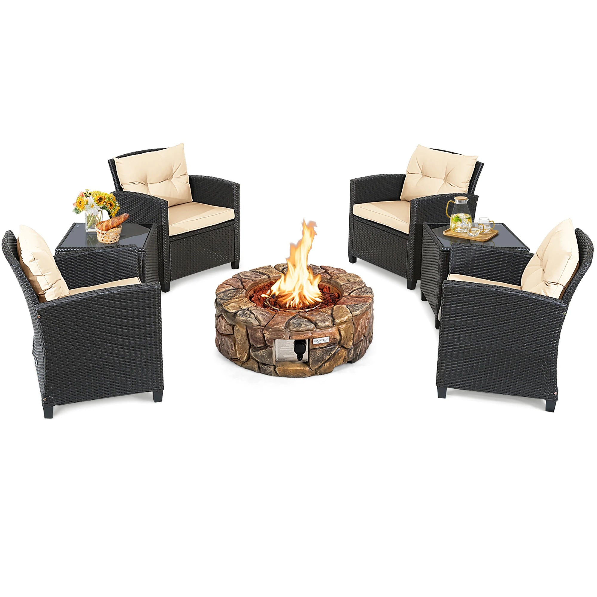 7PCS  Rattan Wicker Furniture Set Gas Fire Pit