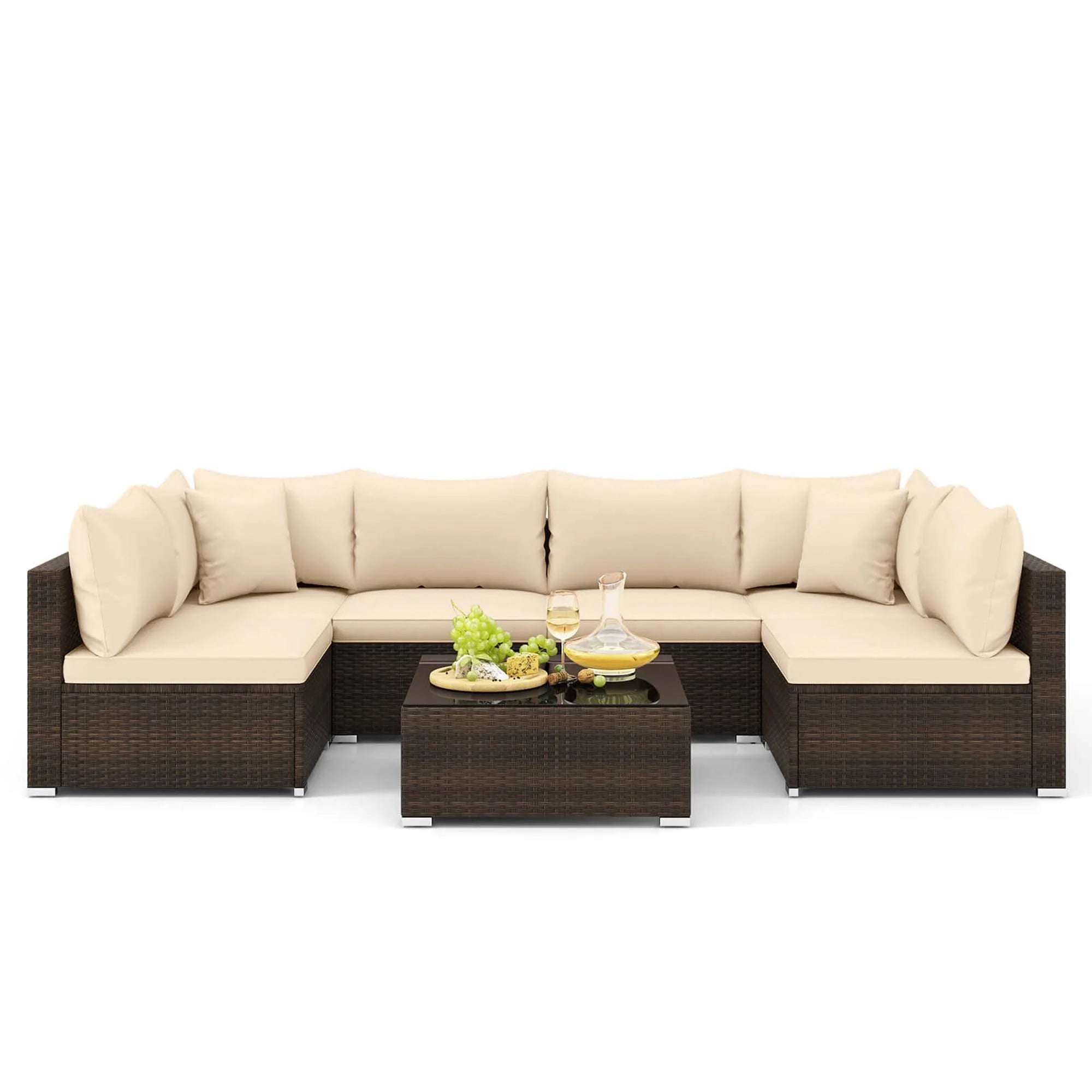 7 PCS Patio Rattan Furniture Set Sectional Sofa