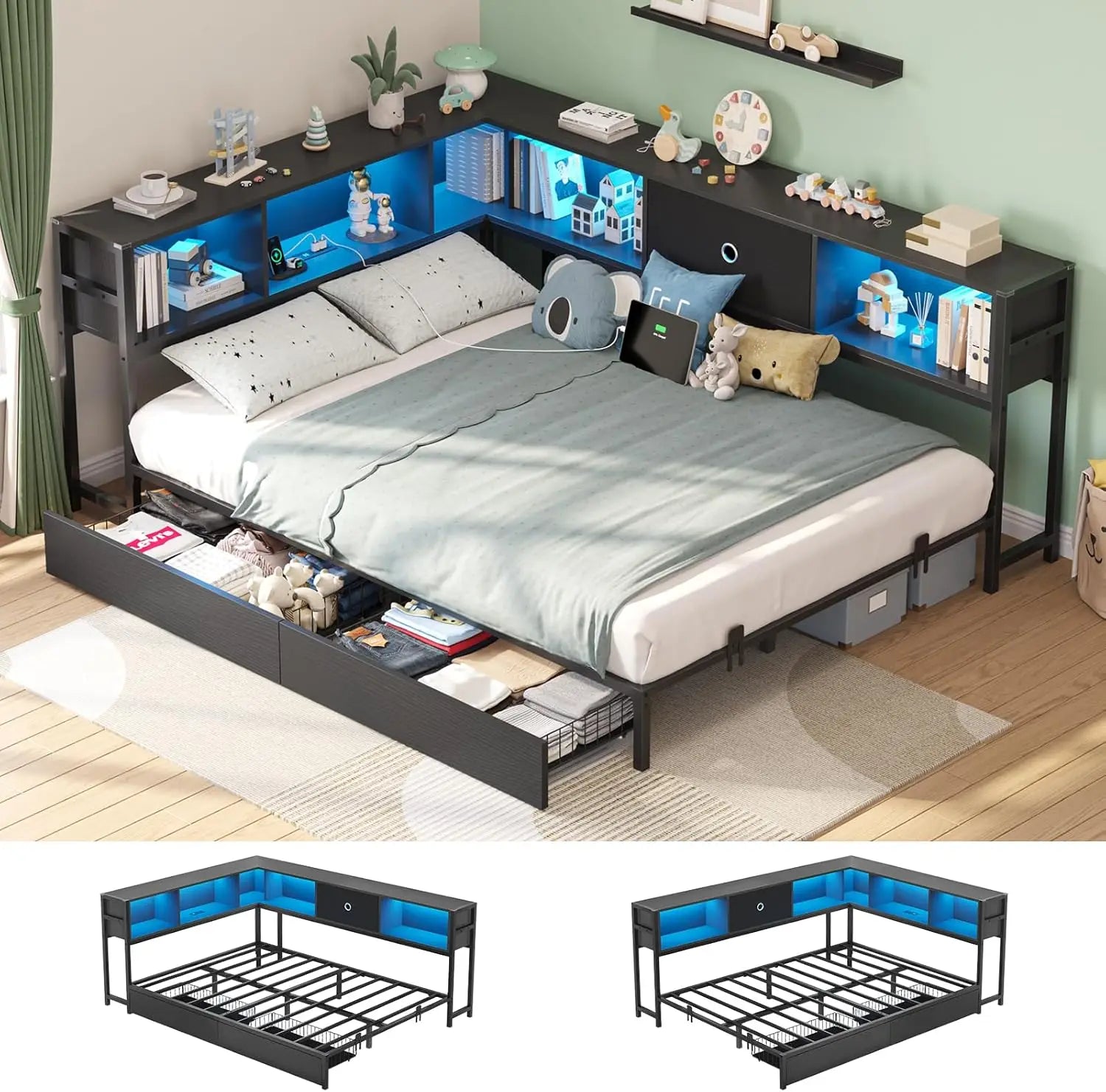 Corner Bed Frame with Storage Drawers with Charging Station