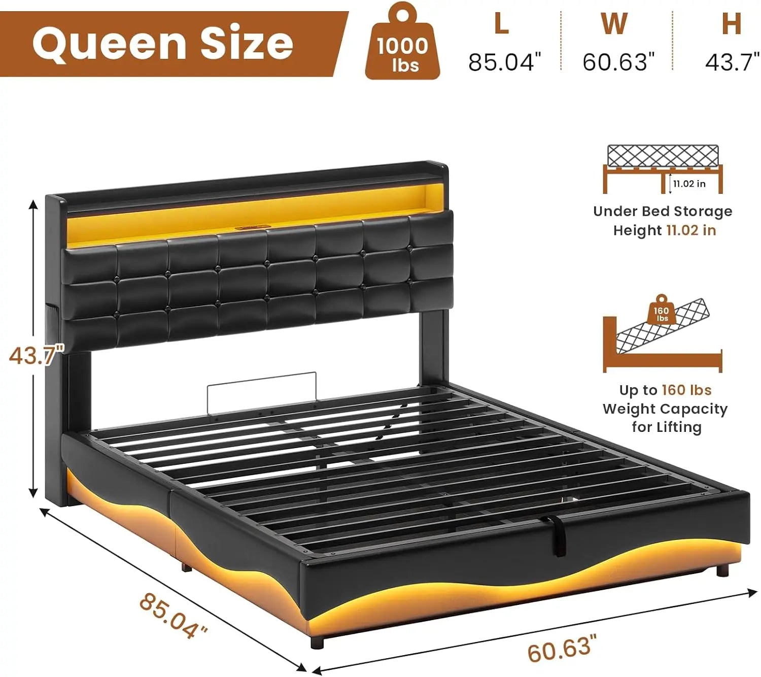 Lift Up Storage Queen Bed Frame  Type-C Charging Station