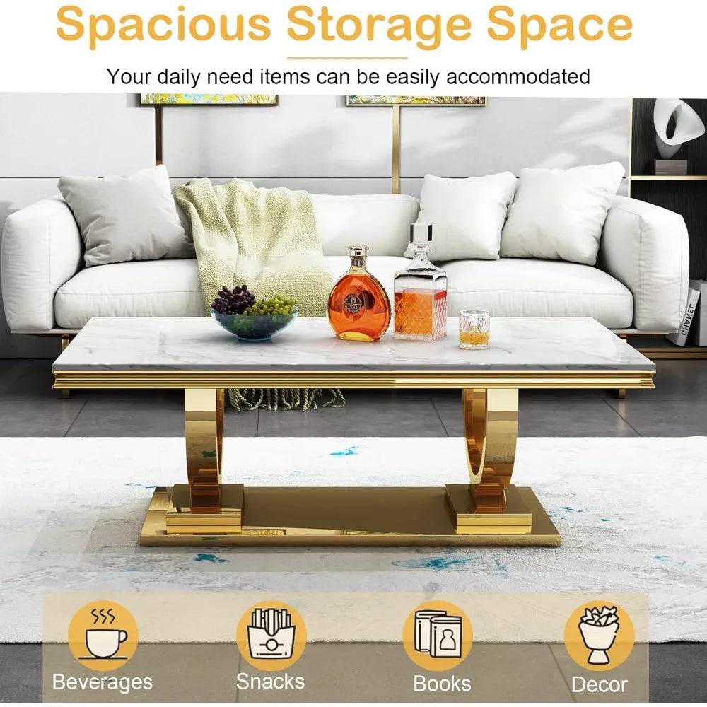 Marble Coffee Table with Gold Stainless Steel Pedestal