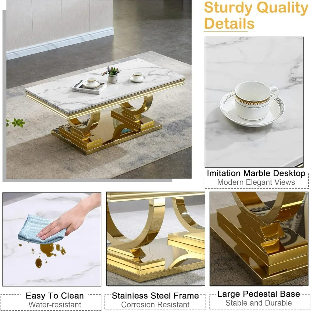 Marble Coffee Table with Gold Stainless Steel Pedestal