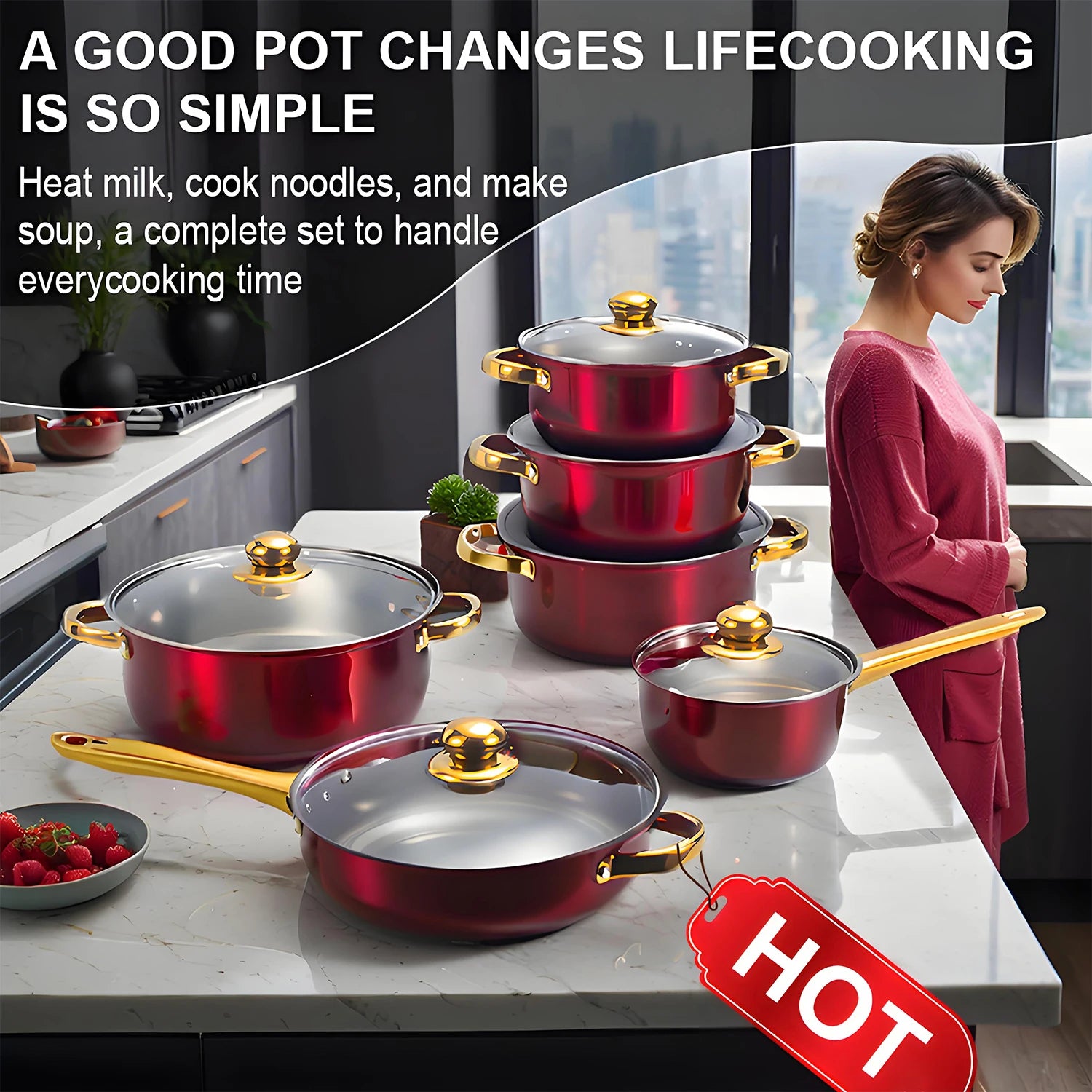Red Cookware Set, 12-Piece ,Stainless Steel, Non-Stick,