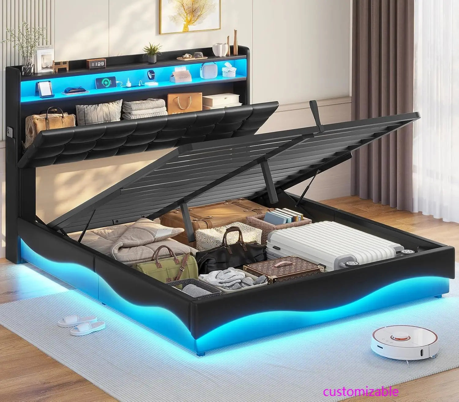 Lift Up Storage Queen Bed Frame  Type-C Charging Station