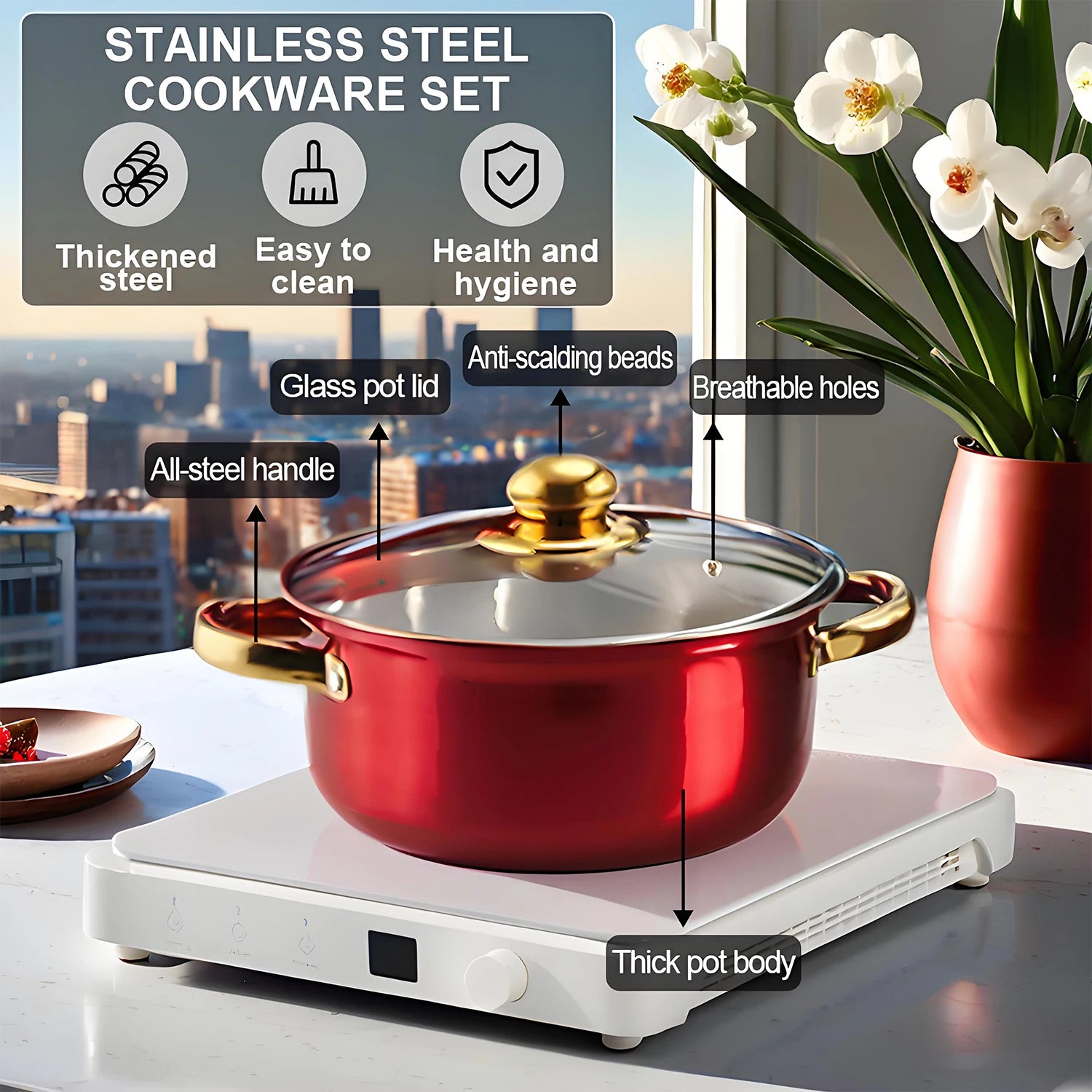 Red Cookware Set, 12-Piece ,Stainless Steel, Non-Stick,