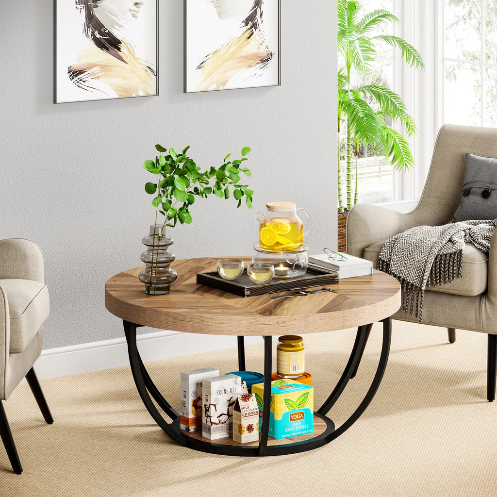 Round Coffee Table, Industrial 2-Tier Circle