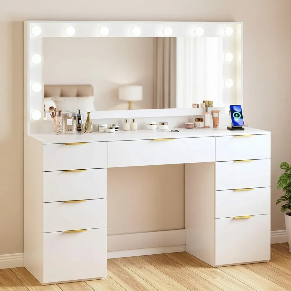 45.3in Makeup Vanity with Large Mirror, Lights, Power Outlet,