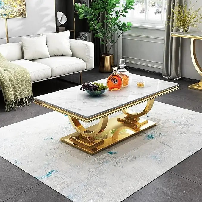Marble Coffee Table with Gold Stainless Steel Pedestal
