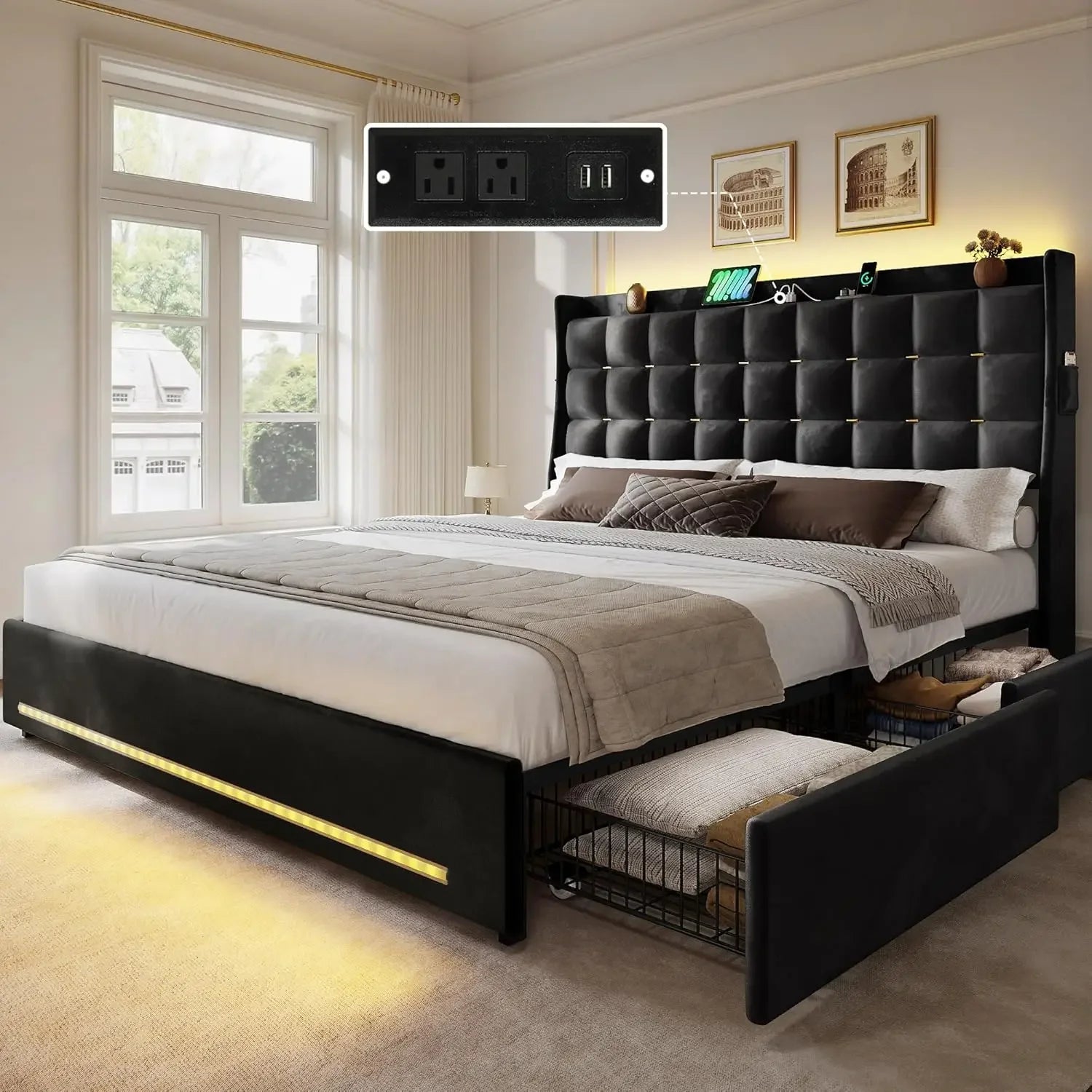 Queen/king Bed Frame with LED Lights 4 Drawers,