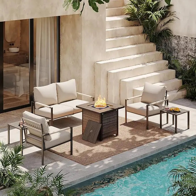 Patio Furniture Set w/Fire Pit Table, 6-Piece Patio Set