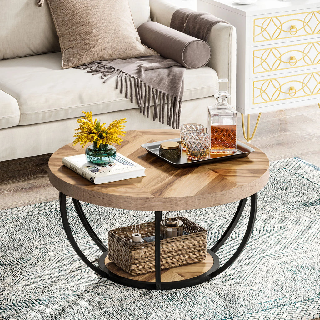 Round Coffee Table, Industrial 2-Tier Circle