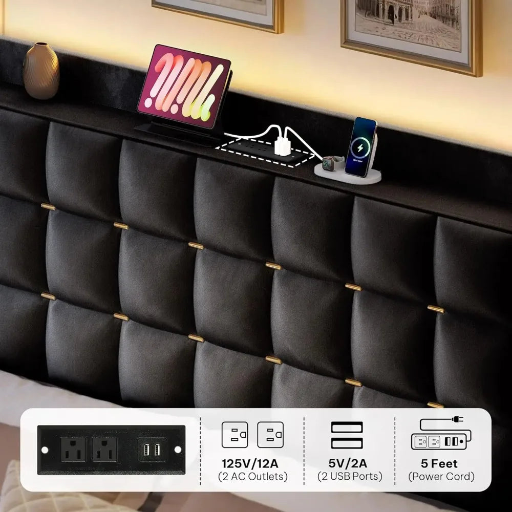 Queen/king Bed Frame with LED Lights 4 Drawers,