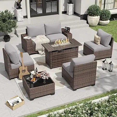 7 Pieces Patio Furniture Set with 44” Fire Pit
