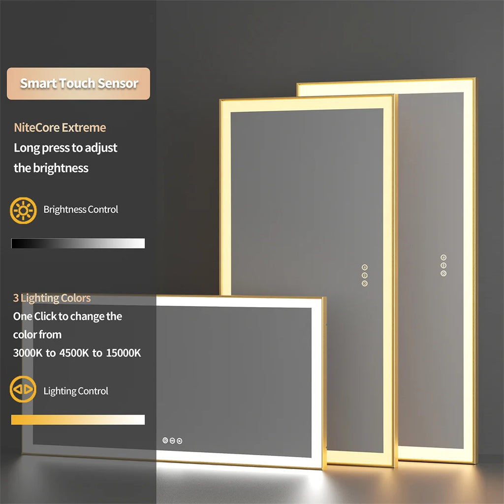 I Large Gold Framed Bathroom Mirror Fogless Smart Touch