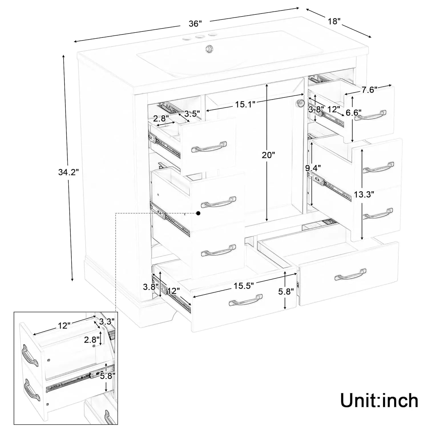 36" Vanity Bathroom Cabinet with Sink Top,