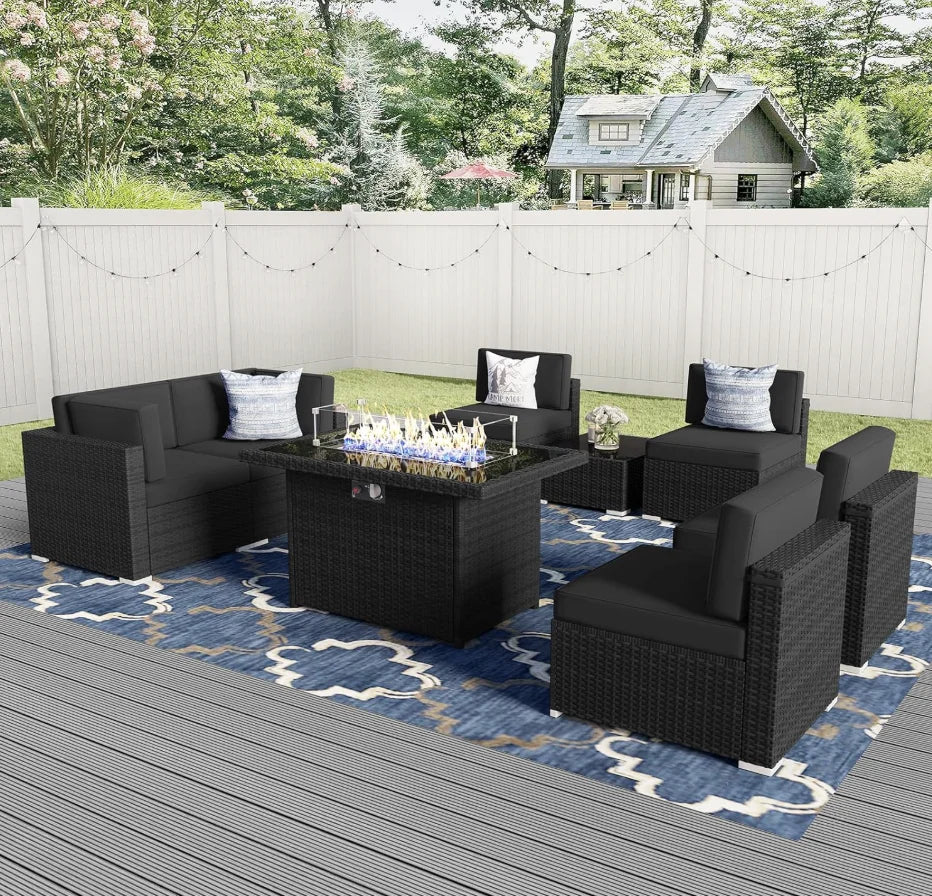 8 Pieces Patio Furniture Set  Gas Fire Pit Table,