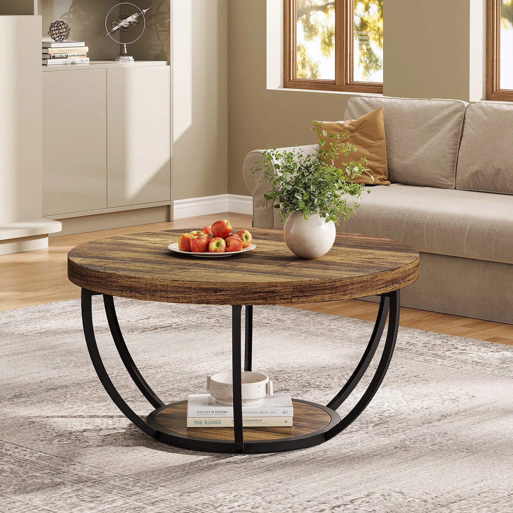 Round Coffee Table, Industrial 2-Tier Circle