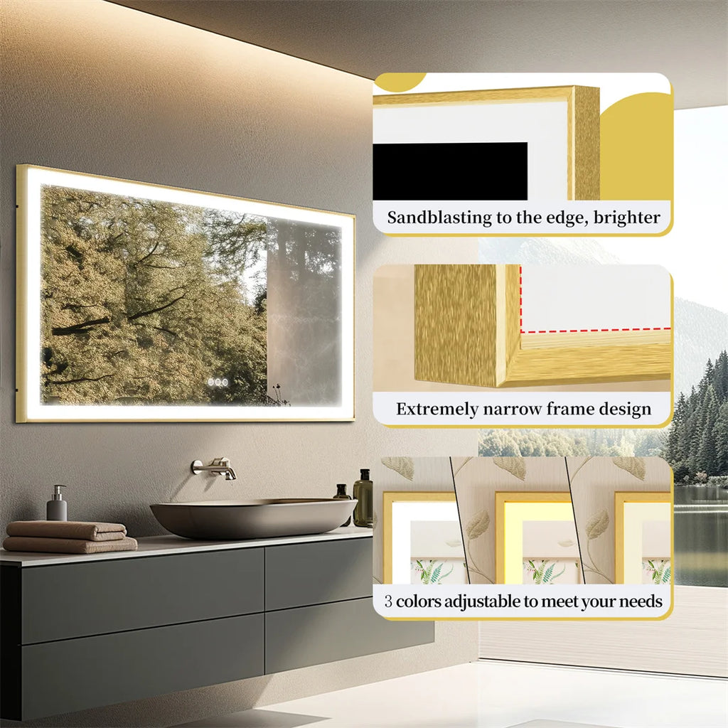 I Large Gold Framed Bathroom Mirror Fogless Smart Touch