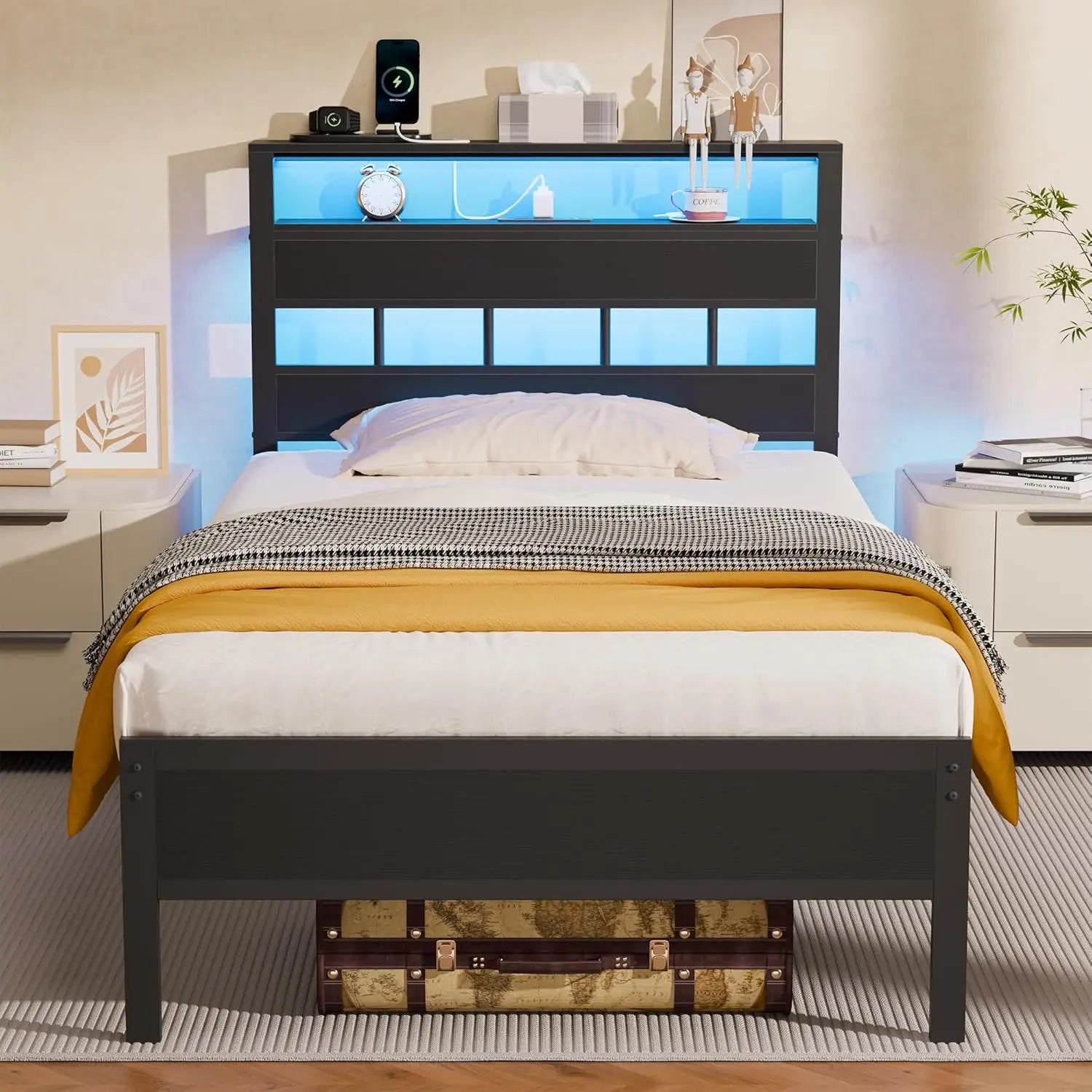 Bed Frame with LED Light and Charging Station