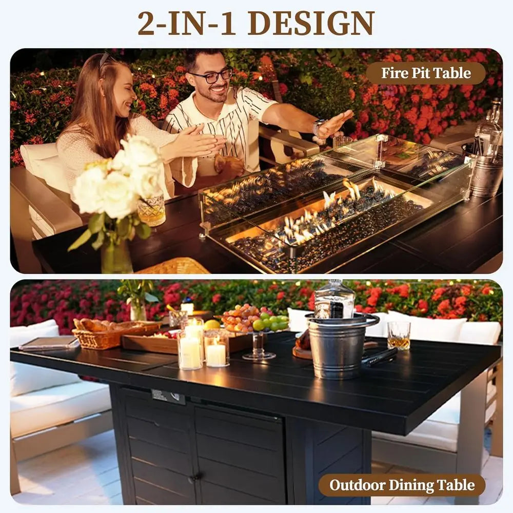 Patio Furniture Set with  Propane Fire Pit and 6 Dining Chairs