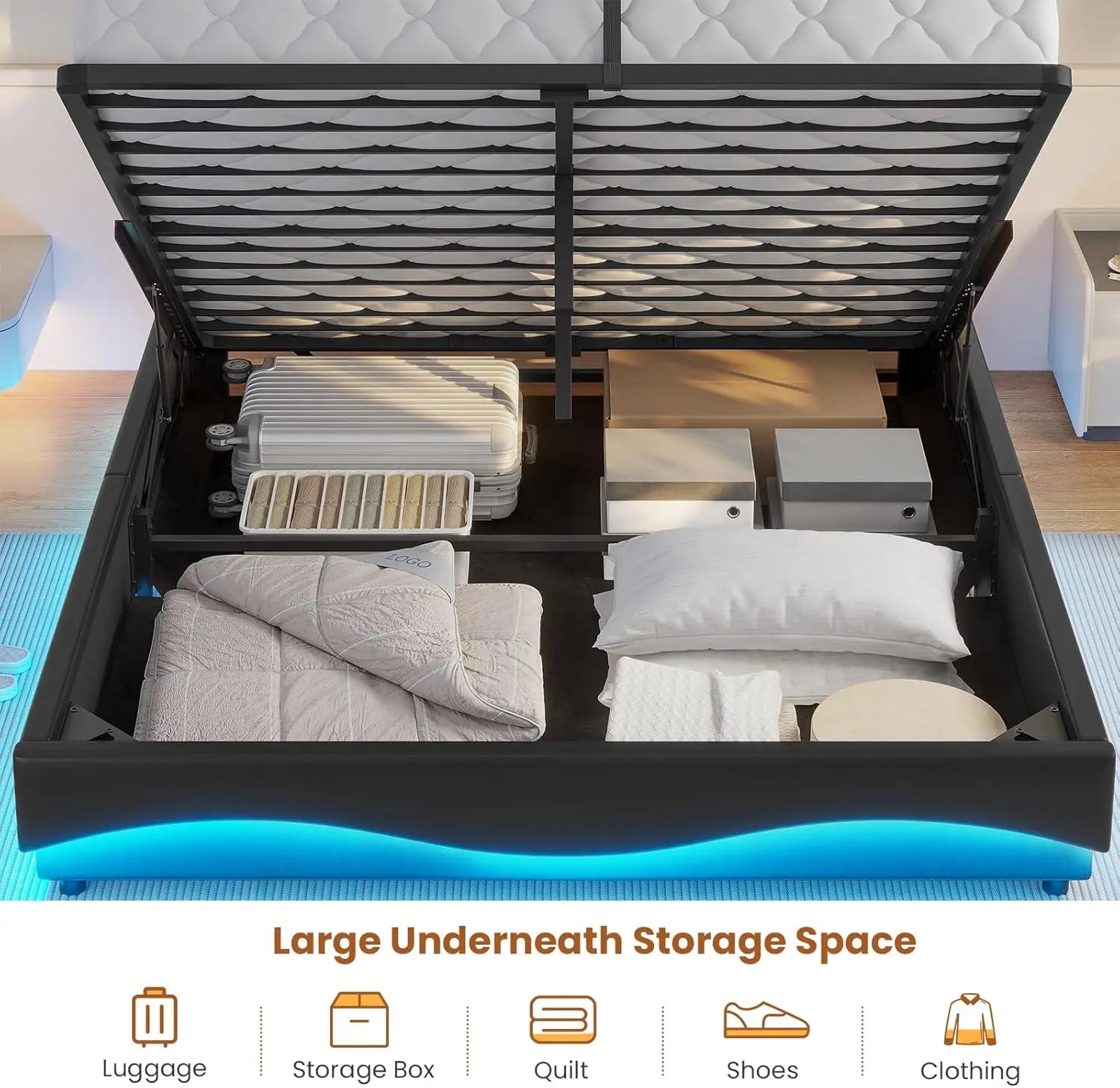 Lift Up Storage Queen Bed Frame  Type-C Charging Station