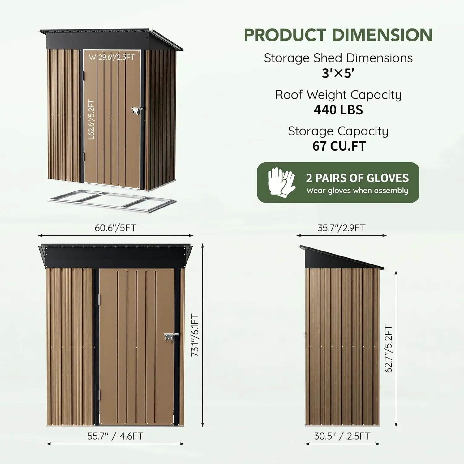 3x5 FT Outdoor Metal Storage Shed with Floor