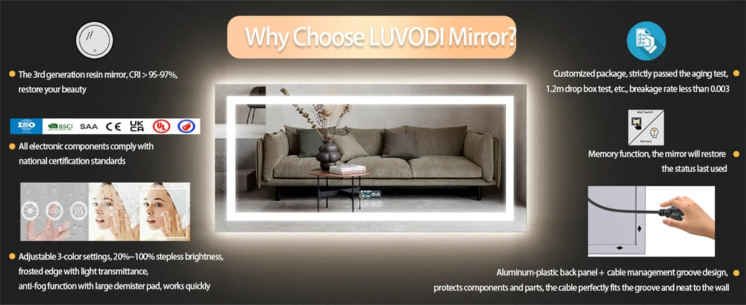 XXL Bathroom  Mirror Wall Mounted with Bluetooth,