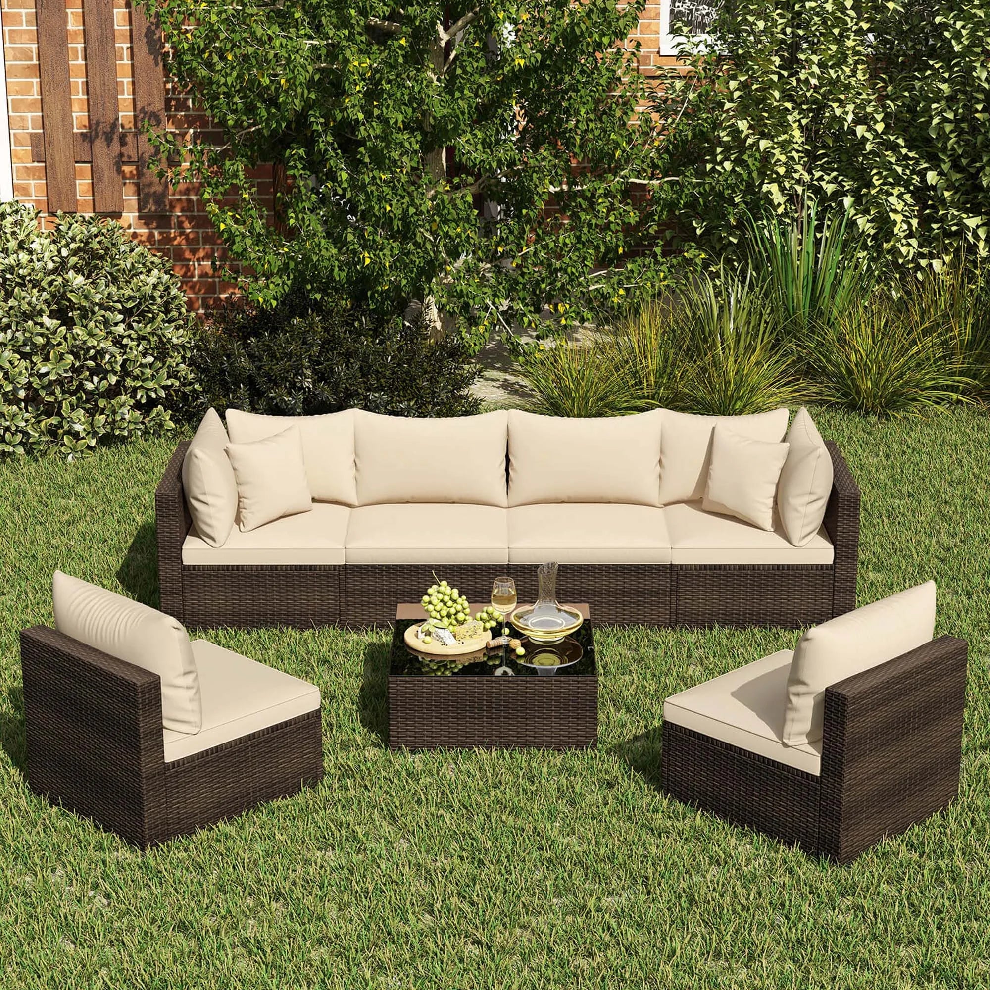 7 PCS Patio Rattan Furniture Set Sectional Sofa