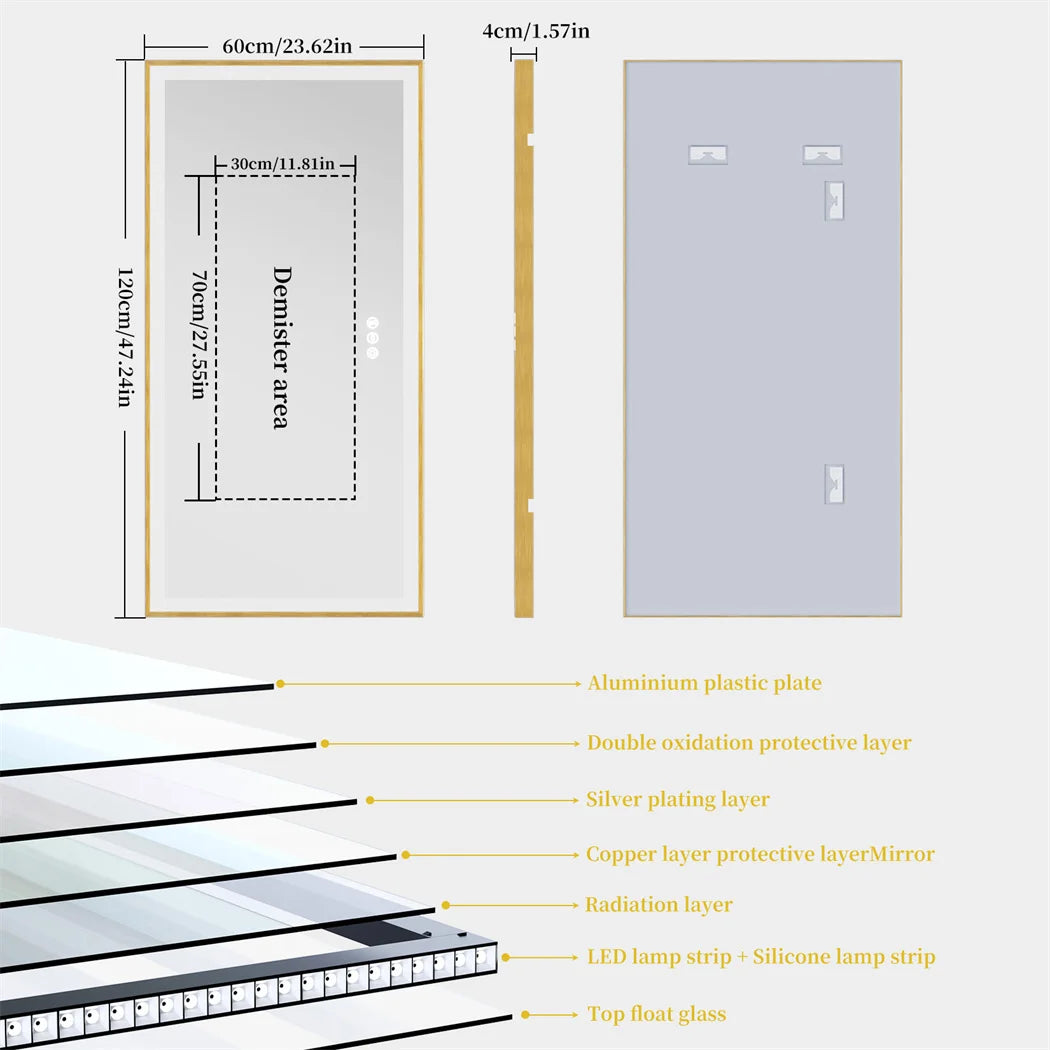 I Large Gold Framed Bathroom Mirror Fogless Smart Touch