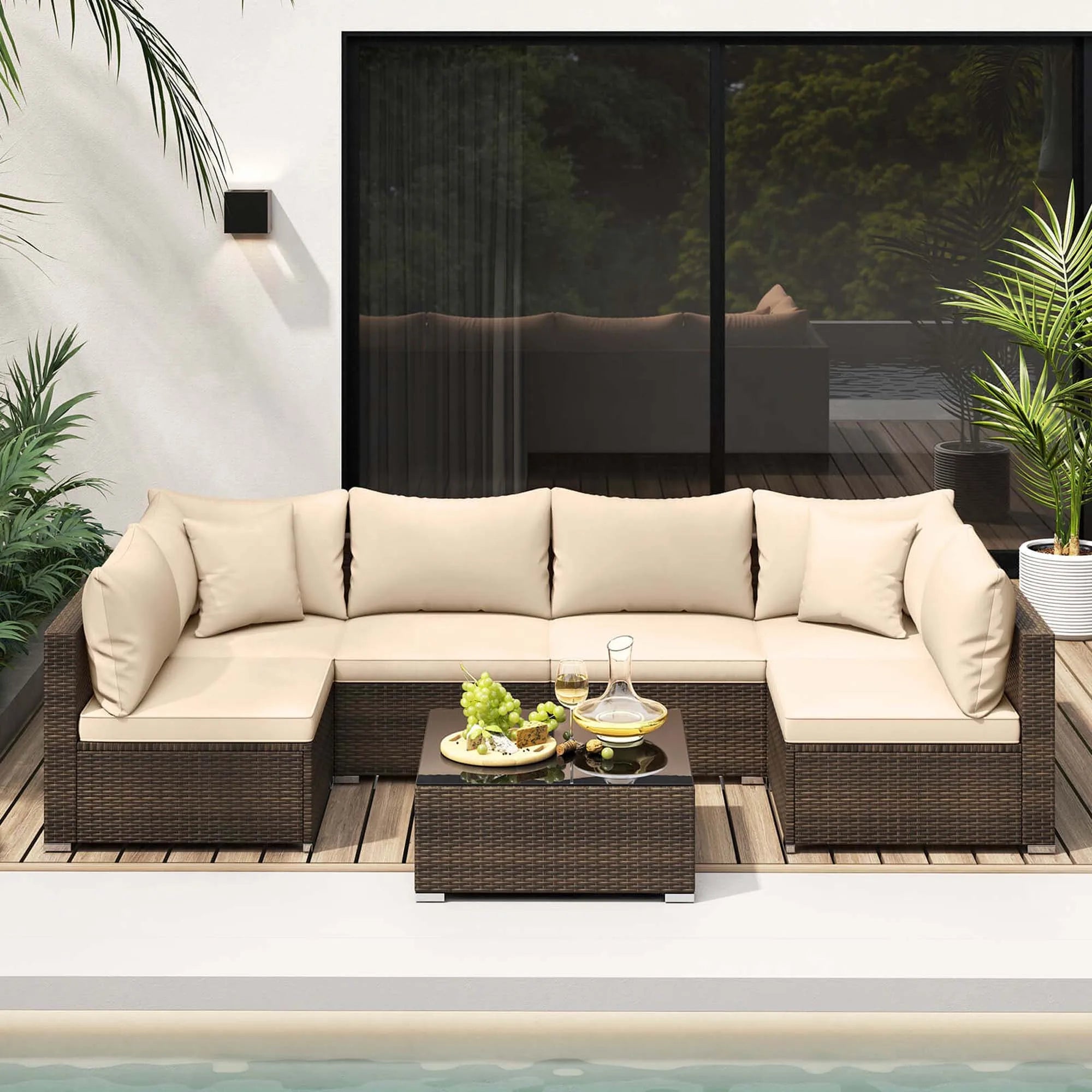 7 PCS Patio Rattan Furniture Set Sectional Sofa