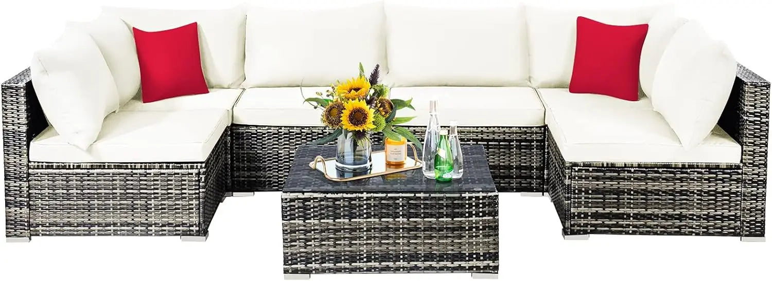 7 Pieces Patio Rattan Furniture Set