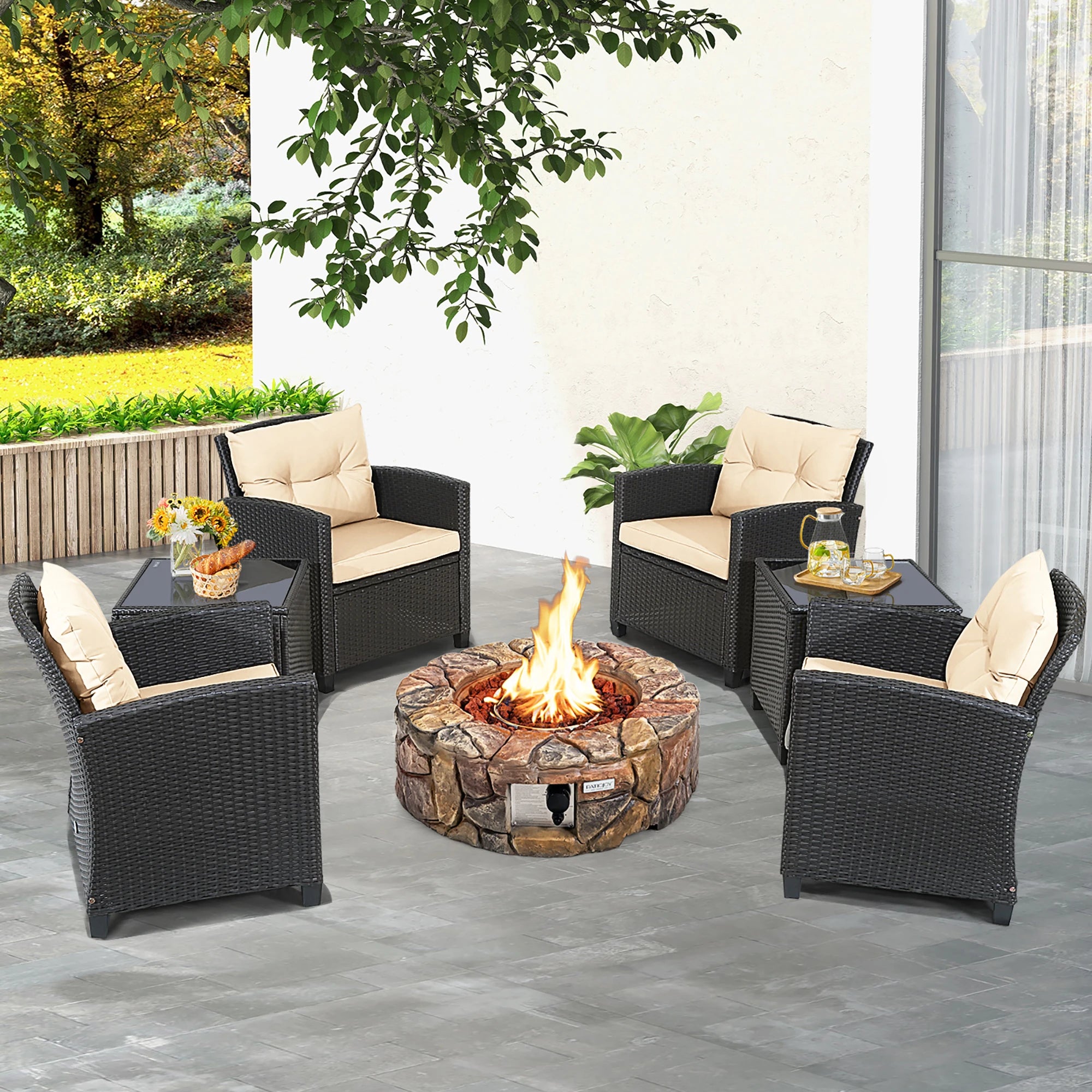 7PCS  Rattan Wicker Furniture Set Gas Fire Pit