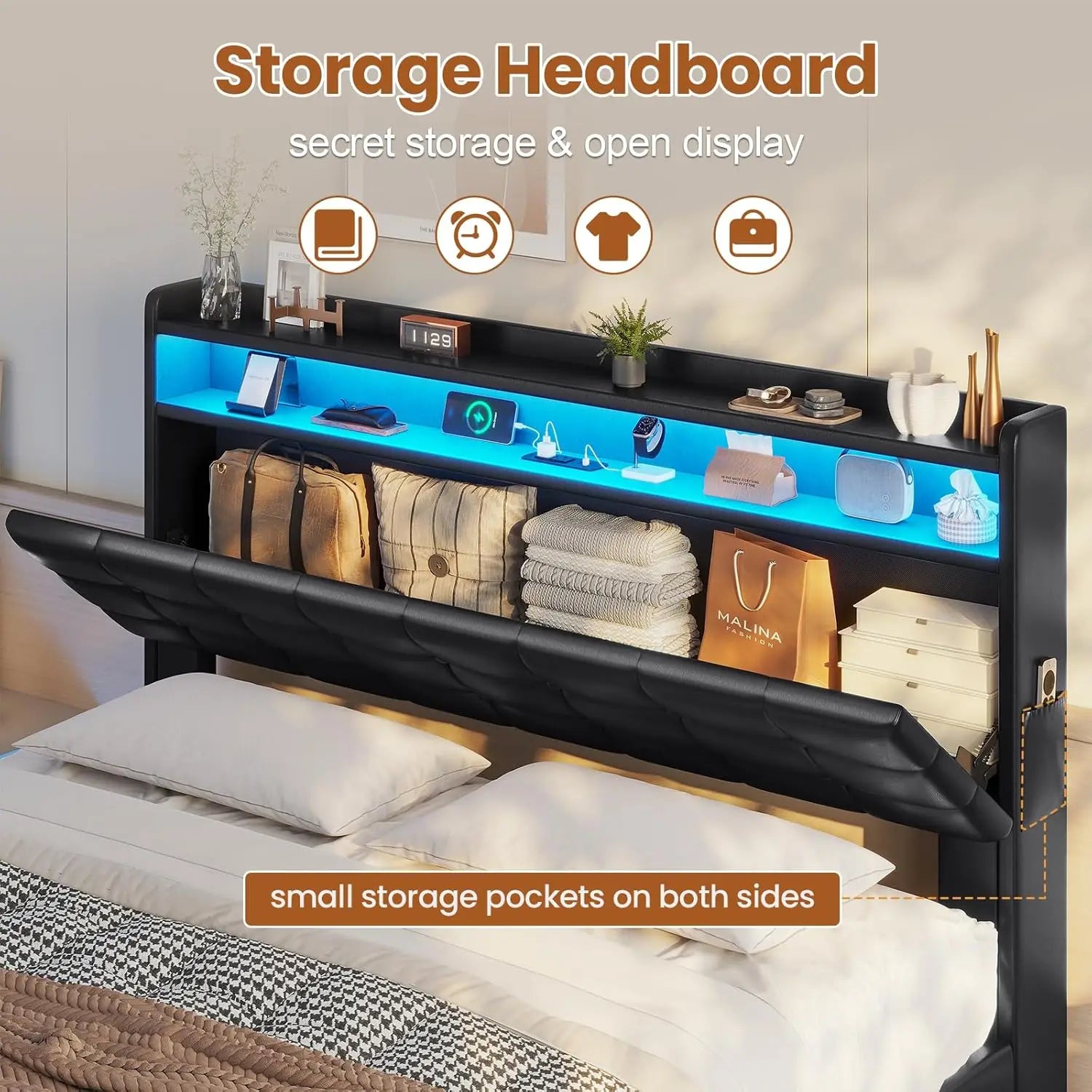 Lift Up Storage Queen Bed Frame  Type-C Charging Station