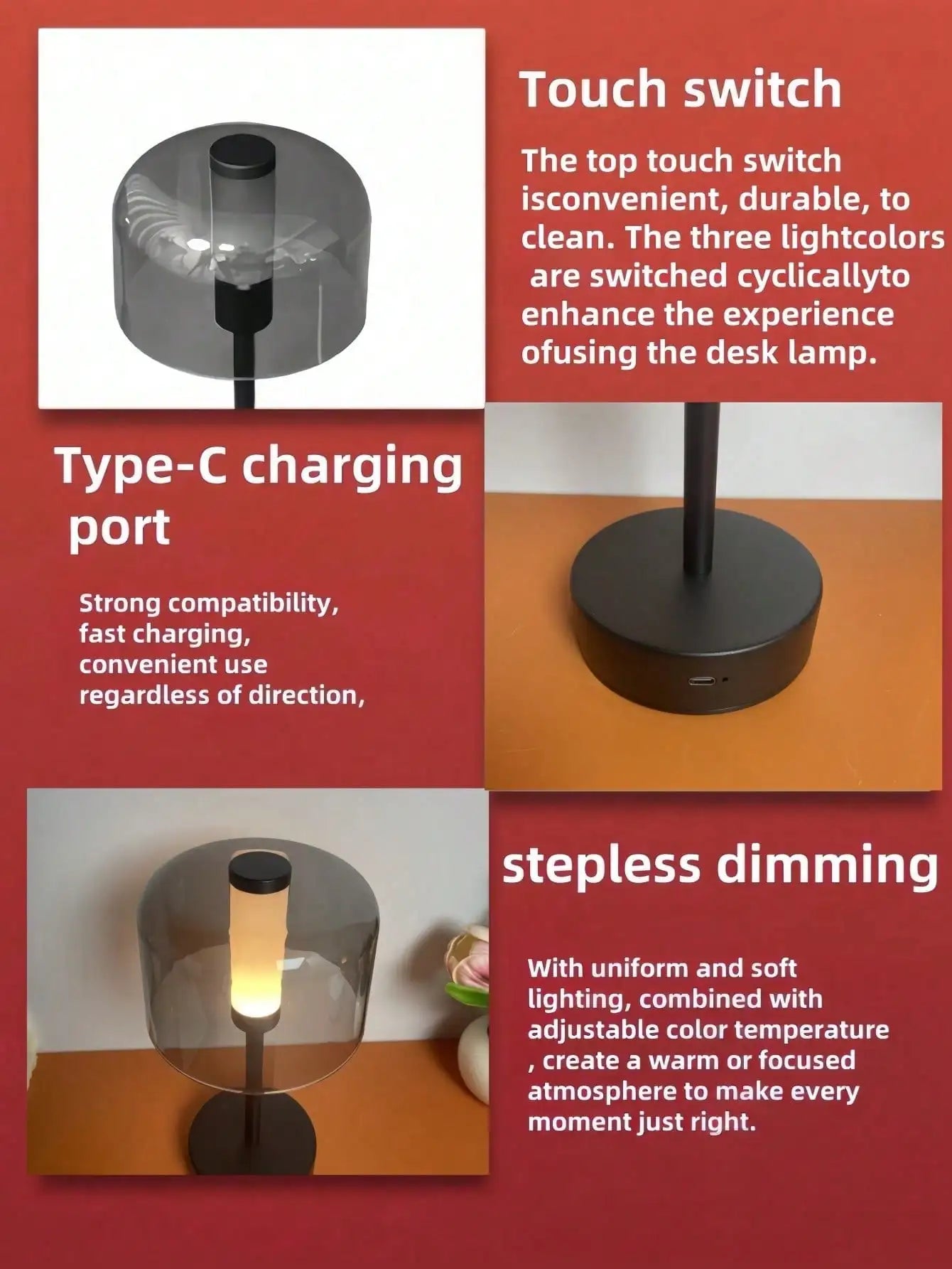 1PC Metal & Acrylic USB Rechargeable LED  3-Color Dimmable