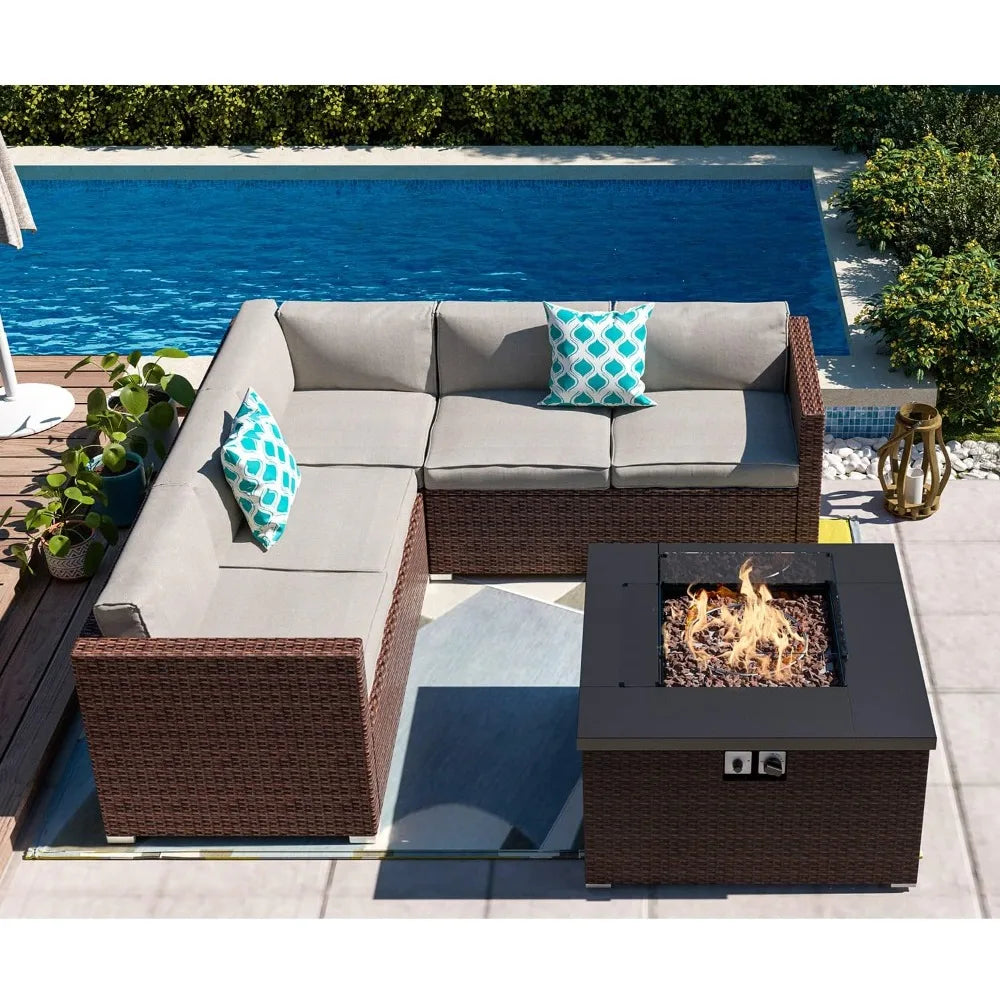 Patio Furniture Sectional Sofa w Fire Pit Table,