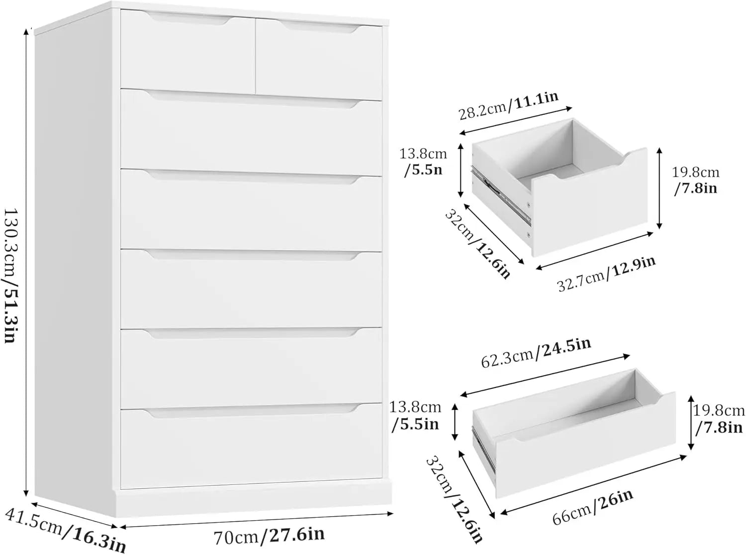 51" Tall 7 Drawers Dresser, Modern White Dresser,