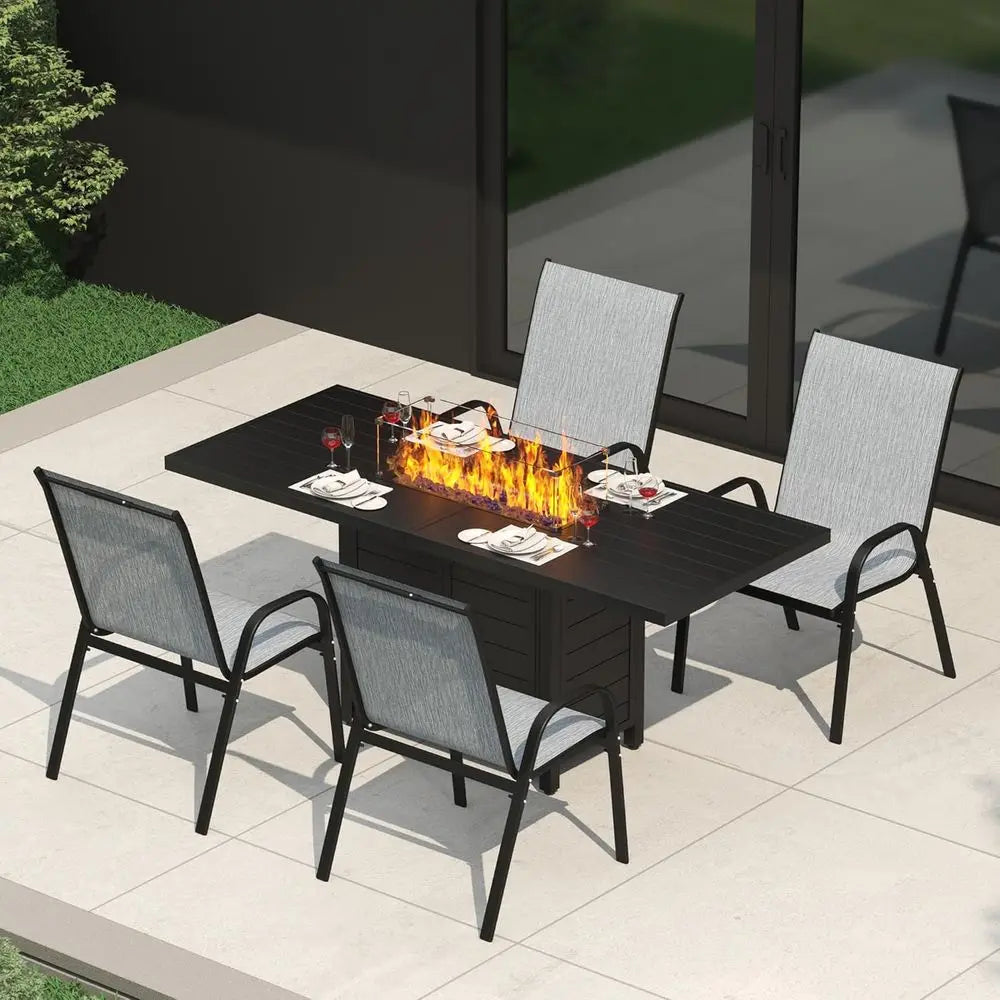 Patio Furniture Set with  Propane Fire Pit and 6 Dining Chairs