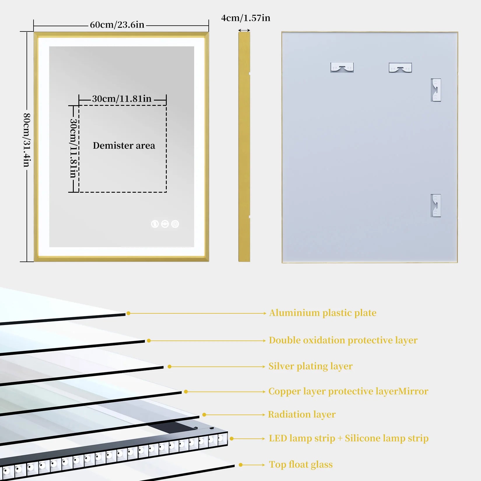 I Large Gold Framed Bathroom Mirror Fogless Smart Touch