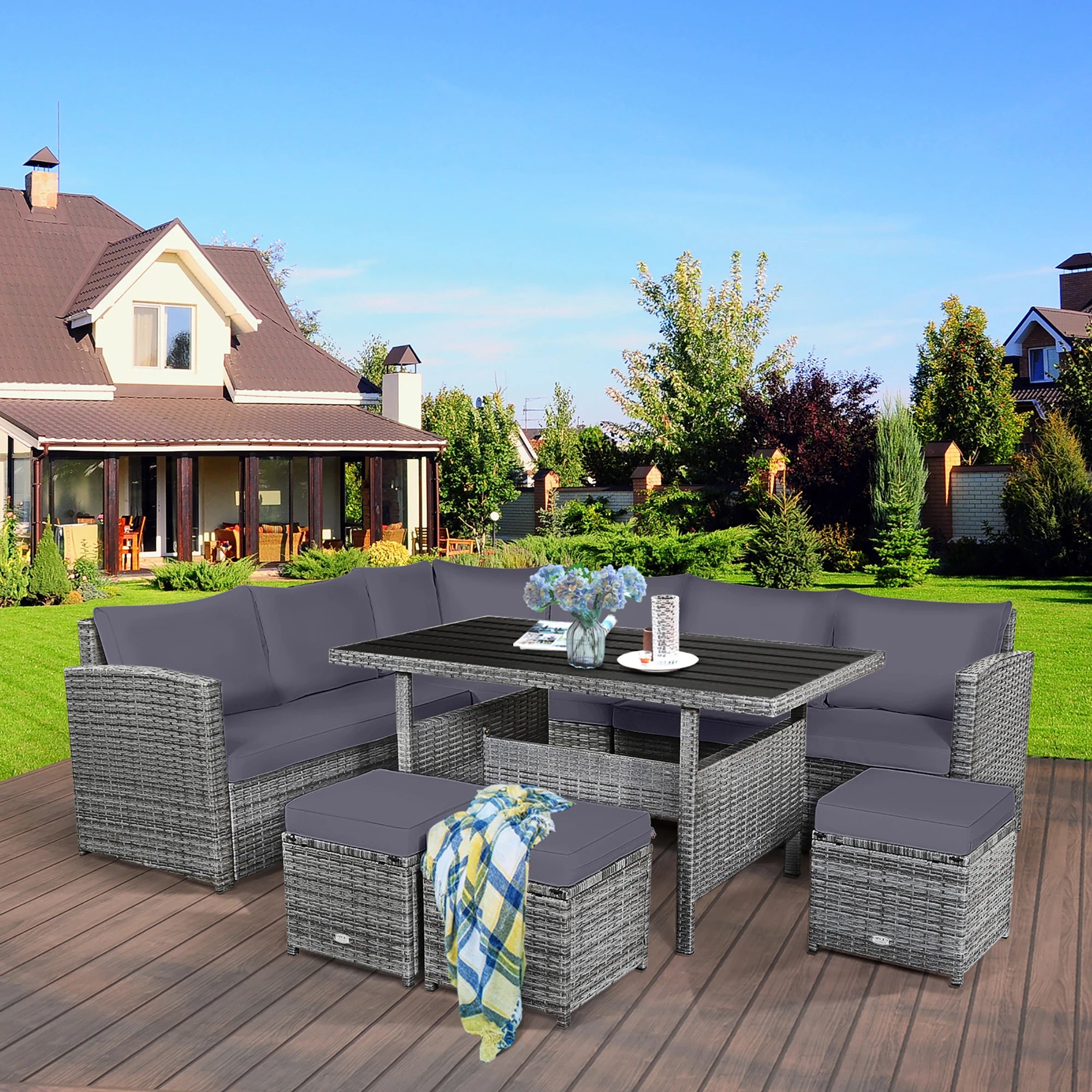 7 PCS Patio Rattan Dining Set Sectional Sofa Couch