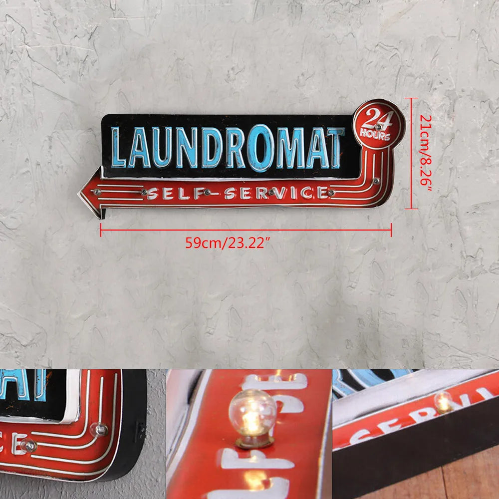 Vintage LED Light Metal Hanging Sign LAUNDROMAT